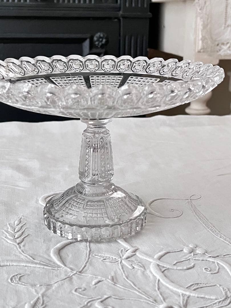 【美品】フランスヴィンテージ 装飾気泡入りガラスのコンポート[3732]
