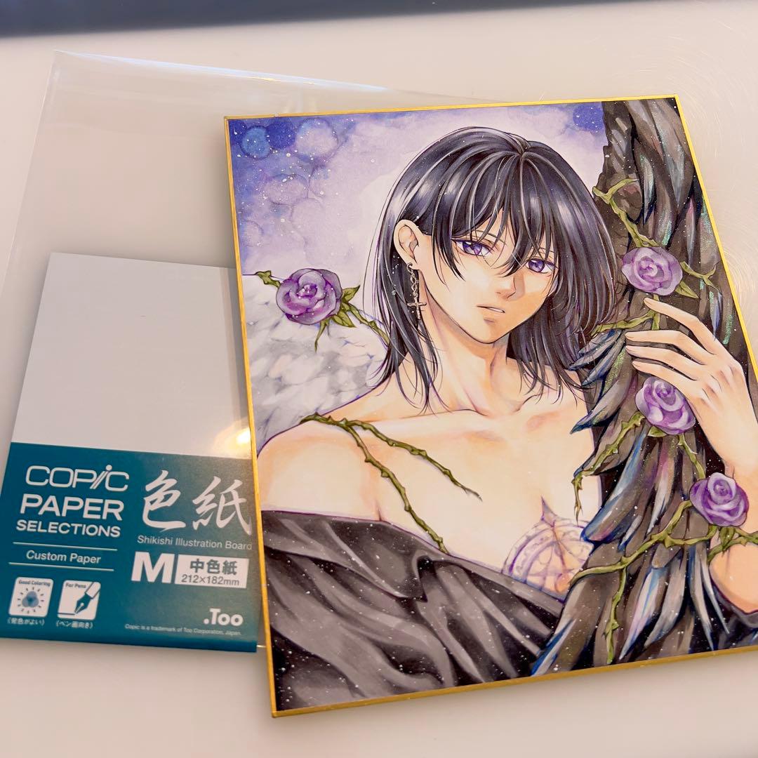 m*可様 手描きイラスト＊紫の刻印＊堕天使の男の子＊創作原画 色紙イラスト